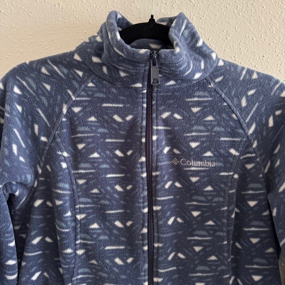 Columbia Full-Zip Fleece Jacket Women's M Blue Geometric Print Cozy Outerwear - Picture 2 of 4